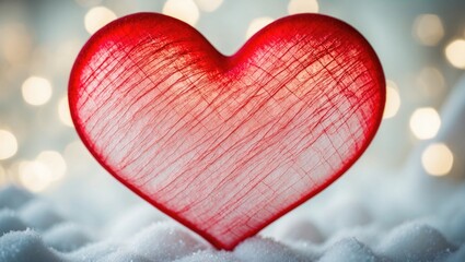 Red heart decoration on snow background perfect for Valentine's Day celebrations showcasing love and warmth in a vibrant and soft aesthetic ideal for greeting cards or romantic designs