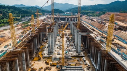 An expansive construction site with concrete bridge pillars rising for the high-speed railway bridge to Nakhon Ratchasima. Mechanical equipment and cranes frame the ambitious infrastructure project.