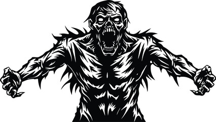 A black and white drawing of a scary zombie man Approaching Vector Illustration