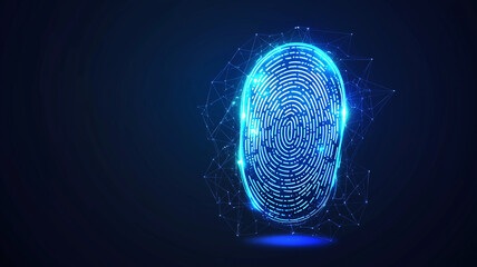 glowing 3D fingerprint icon with digital network design, symbolizing security and identity verification. vibrant blue colors enhance its modern appeal