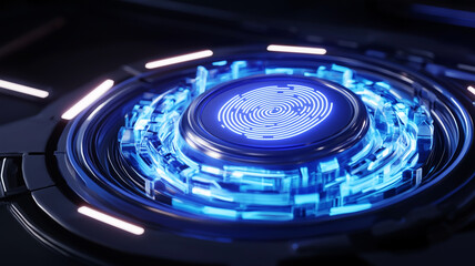 glowing 3D fingerprint icon surrounded by futuristic blue design, showcasing advanced technology and digital security. vibrant colors create captivating visual effect