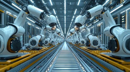 Fototapeta premium Synchronized Robotic Arms in an Advanced Automated Warehouse