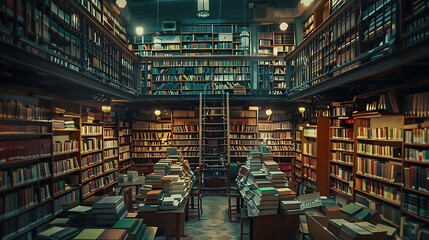 A cozy library filled with books, featuring two levels of shelves and tables stacked with literature.