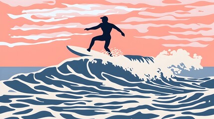 Surfer Riding a Perfect Wave at Sunset in a Minimalist Landscape