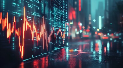 City lights and stock market graphs on an industrial business banner with electricity symbols. 