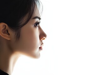 Naklejka premium Profile of an Asian woman with a fierce expression, sleek white background, embodying power and grace