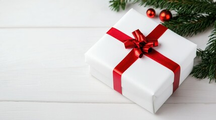 Fototapeta premium Festive Christmas Gift Box with Red Ribbon on White Wood