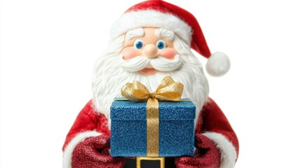 Santa holding a small sparkling blue gift box tied with a golden ribbon, isolated on a clean white background