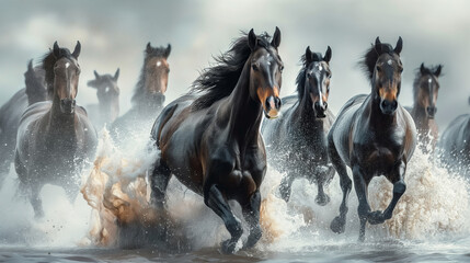 A herd of wild horses running on the sandy beach. A group of horses galloping through the water on seashore with splashes of water all around.
