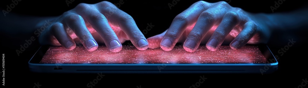 Aufkleber futuristic tablet hands typing on holographic interface digital network connection