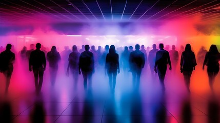 Naklejka premium Neon Nightscape Futuristic Urban Market Bustling with Silhouetted Figures Amid Glowing Holograms and Atmospheric Steam