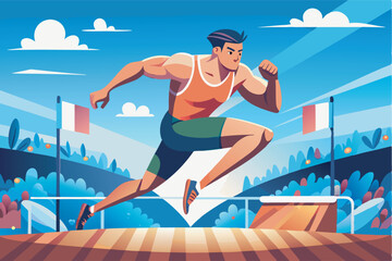 A male athlete in red tank top and green shorts runs on a track in a competitive setting under a bright blue sky with flags and lane markings.