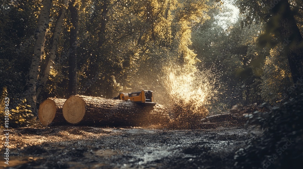 Aufkleber A powerful log splitter in use in a dense forest, splitting large logs with force, surrounded by trees and a natural earthy landscape.