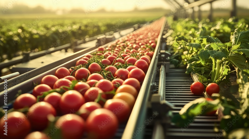 Poster A retro conveyor system gently moving fresh produce in a soft-lit agricultural setting, with a rustic farm backdrop and fields stretching in the distance.
