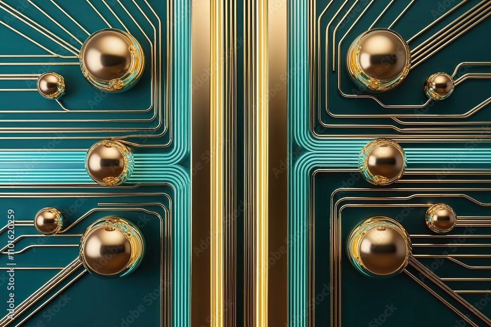 Poster vibrant 3d neon gold and teal lines form stunning abstract background with shimmering spheres and dy