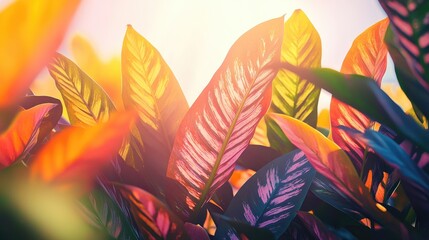 Fototapeta premium Vibrant variegated croton leaves basking in sunlight, showcasing a colorful foliage backdrop against a bright sky, highlighting their natural beauty.
