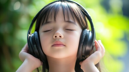 Asian girl wearing headphones, eyes closed, listening to music from her mobile phone. Her peaceful...