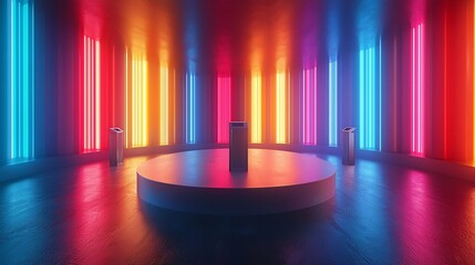 Futuristic Holographic Debate Chamber with Swirling Neon Aesthetics