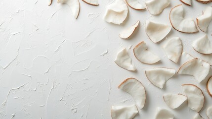 Coconut segments artistically scattered on a textured white surface, showcasing a clean layout with ample space for additional text or design elements.