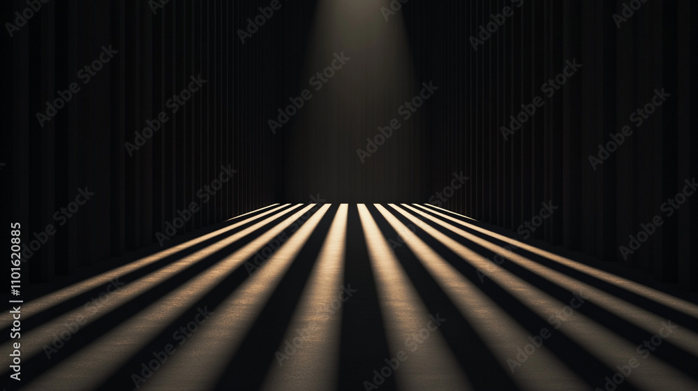 Poster shadows and light create dramatic patterns in a dimly lit indoor space