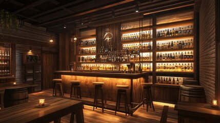A rustic and stylish bar interior with dim lighting, wooden shelves stocked with bottles, and a cozy atmosphere perfect for social gatherings or a night out