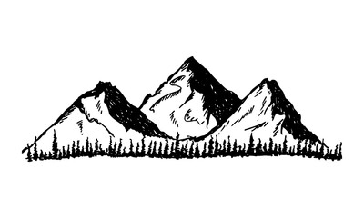 Rough hand-drawn shading of three mountains with pine trees on them.