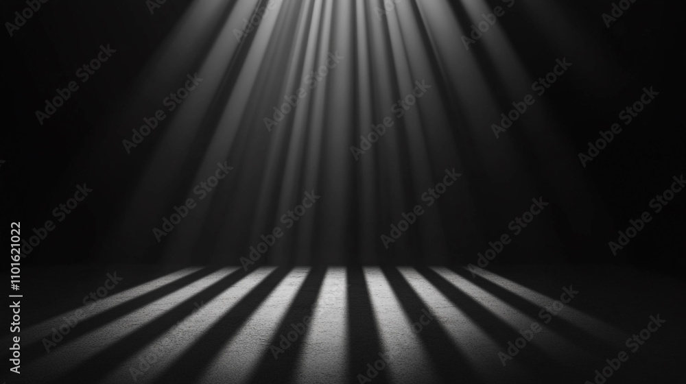 Poster light beams cast shadows on a dark surface creating a dramatic effect