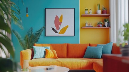 Modern living room with vibrant teal and yellow walls, featuring an orange couch and abstract floral artwork. Plants and teal pillows add to the room's cheerful and stylish atmosphere.