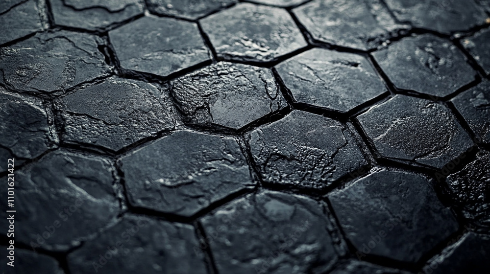 Aufkleber textured hexagonal surface with dark stone appearance in a close-up perspective
