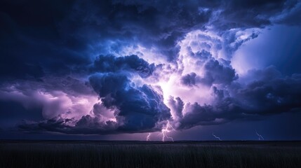 Intense lightning flashes illuminate dramatic stormy clouds over a dark landscape, creating a striking weather-related scene.