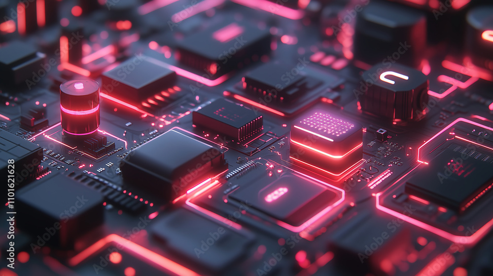 Poster high-tech circuit board with glowing red accents in a modern digital design environment. generative 