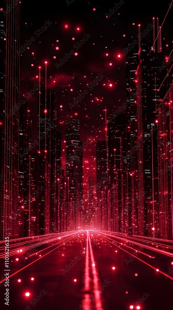 Poster a futuristic cityscape illuminated in red, featuring glowing lines and particle effects.