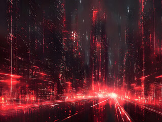 Fototapeta premium A futuristic cityscape illuminated in red, conveying a sense of speed and technology.