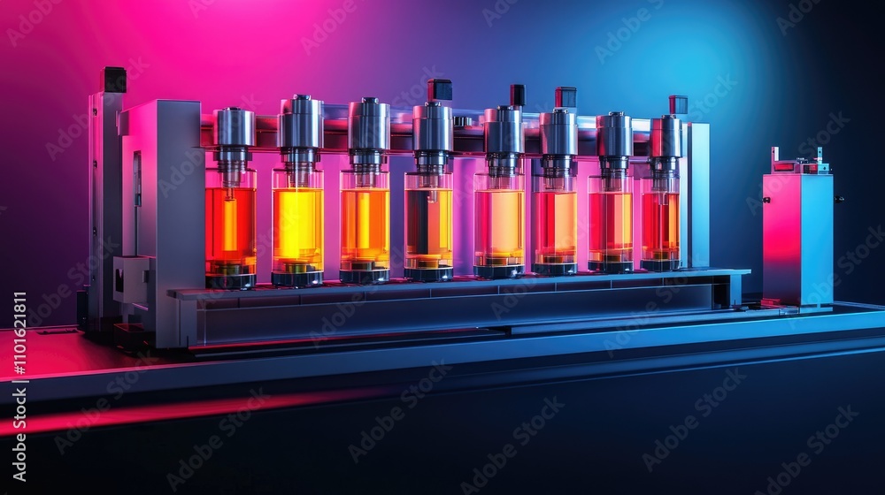 Poster A sleek, modern filling machine in action, soft lighting and gradient colors illuminating the factory environment as products are filled with precision