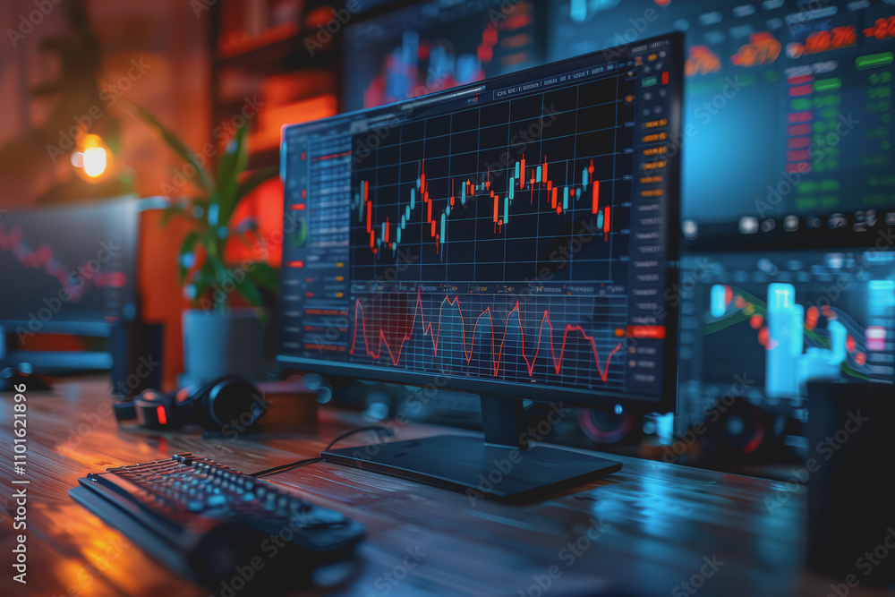 Poster stock market graph on background with desk and personal computer financial analysis concept.