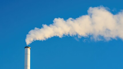A steam tower gently releasing vapor into the air on a clear, sunny day, with the warmth and power of industry visible in the background.