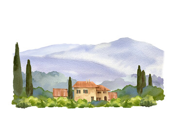 Italian rural landscape, towers and farms, cypress trees, bushes, mountains, hand drawn watercolor composition. Mediterranean Europe scenery with ancient houses for travel tourists designs