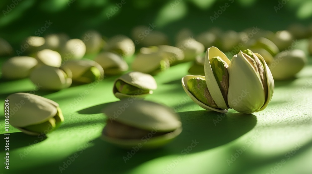 Poster pistachios are beautifully arranged bright green surface enhanced low key contour lighting highlight
