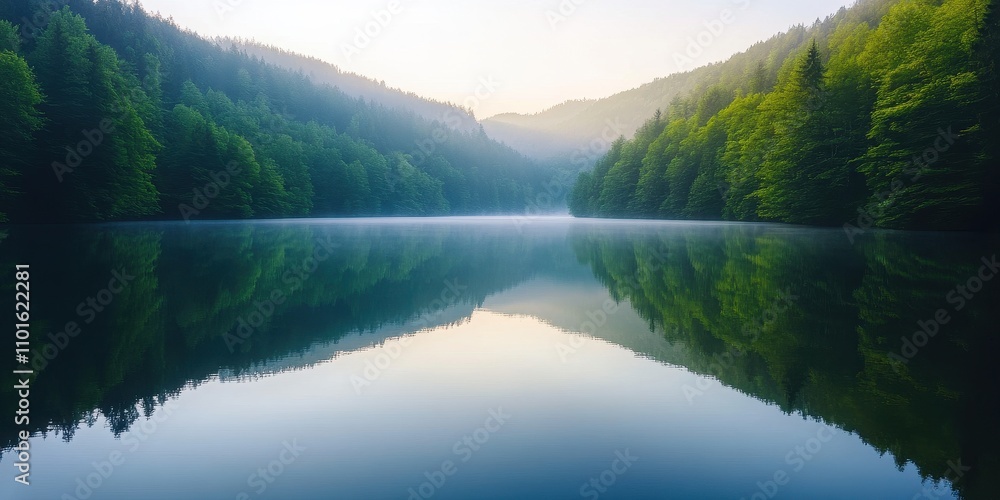 Poster serene lake reflecting surrounding mountains and trees at dawn in soft light.