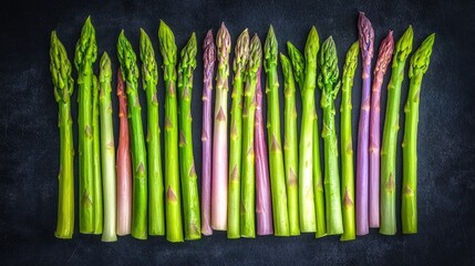 Vibrant green and purple asparagus neatly lined up, showcasing their unique colors and textures against a dark, contrasting background.