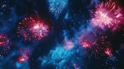 Vibrant fireworks display in red, white, and blue lighting up a dark blue night sky, creating a festive and celebratory atmosphere.