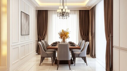 Elegant dining room with a large wooden table, gray chairs, and brown curtains. A chandelier hangs above the table, adding to the luxurious feel.