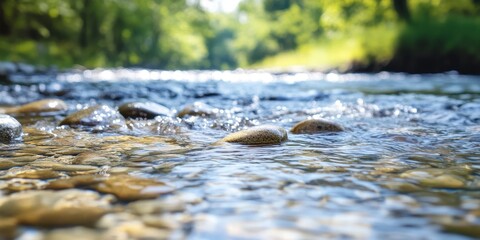 Serene river view with clear water flowing over smooth stones in a lush green landscape.
