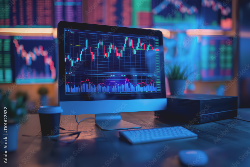 Poster stock market graph on background with desk and personal computer financial analysis concept.