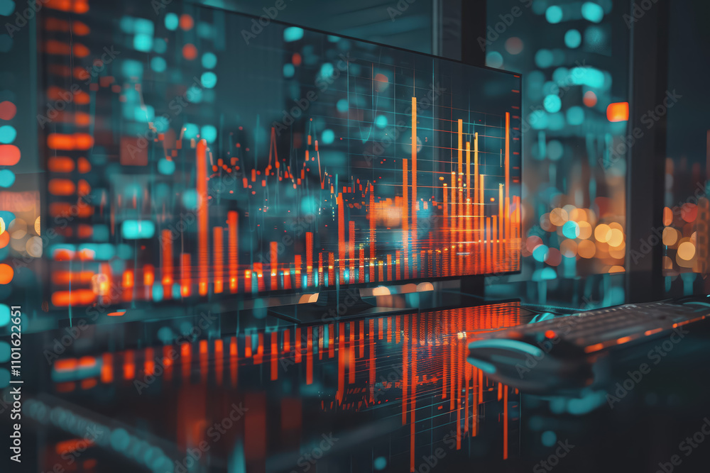 Poster stock market graph on background with desk and personal computer financial analysis concept.