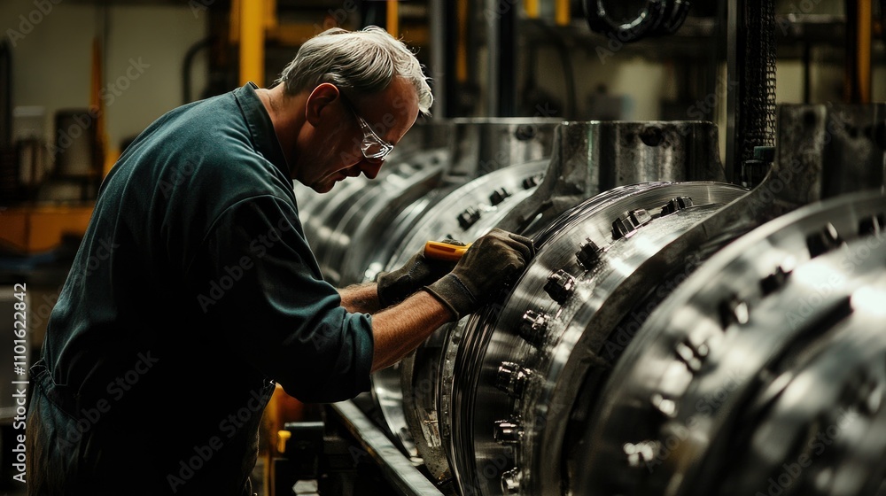 Poster a technician using a polishing tool on large metal components in a factory, showcasing detailed craf