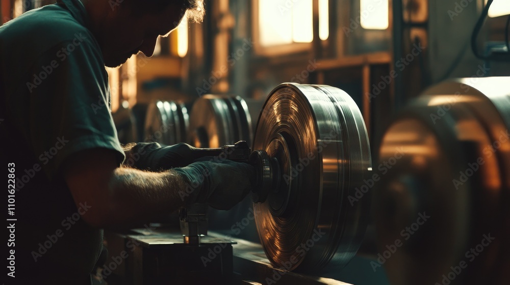 Poster a technician using a polishing tool on large metal components in a factory, showcasing detailed craf