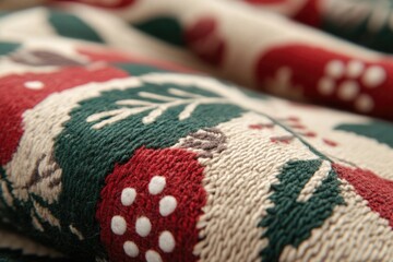 Fototapeta premium closeup of plaid or blanket with christmas ornament. ai generated