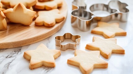 Holiday baking scene with star-shaped cookies and metal cookie cutters on a marble countertop, emphasizing festive homemade treats and cheerful celebrations.