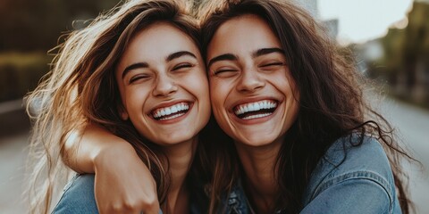 Fototapeta premium Two joyful friends share a bright moment, embracing and smiling with happiness.